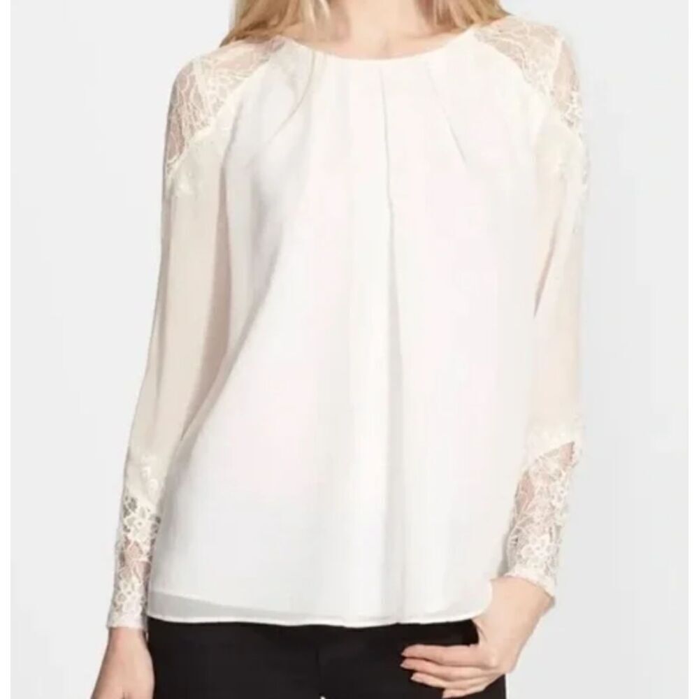 Alice + Olivia Danyelle Silk Lace Blouse‎ Zip Cuffs Sheer Ivory XS